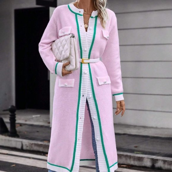 Pink Preppy Womens Contrast Trim Flap Detail Longline Cardigan - Picture 4 of 5